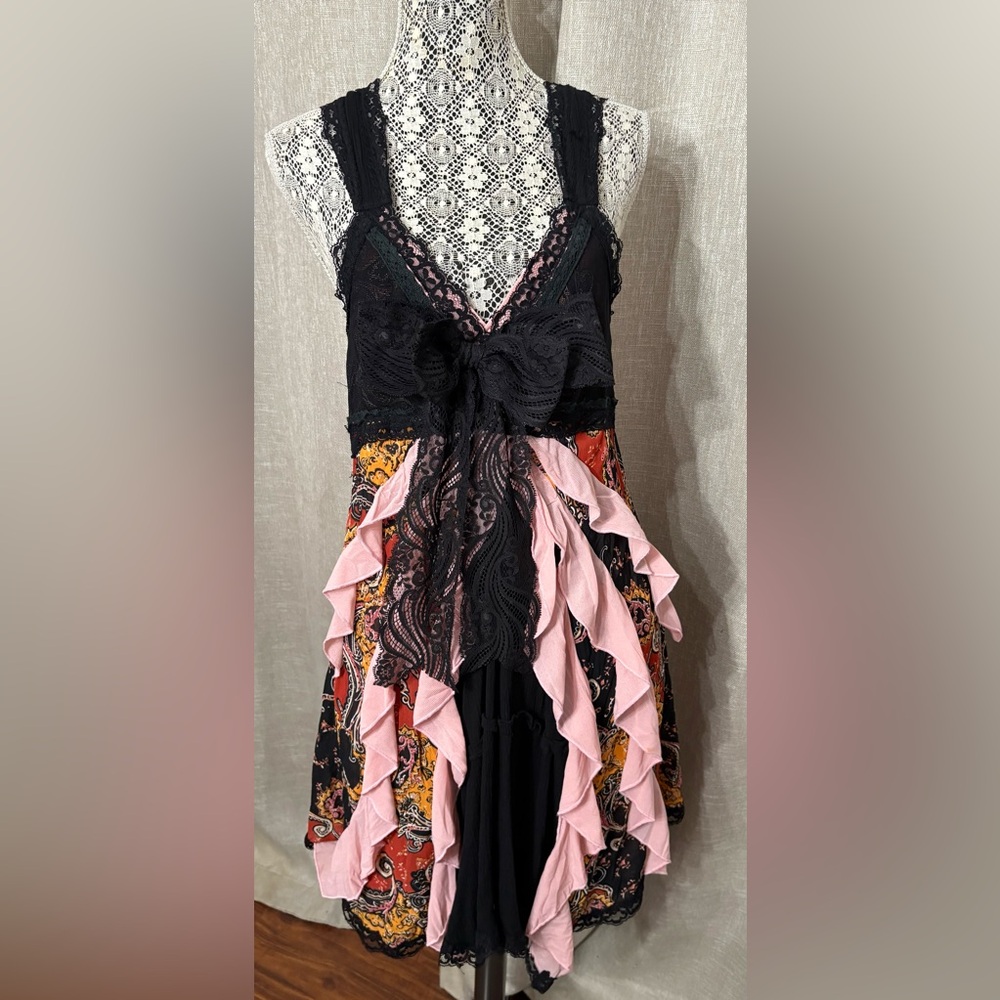 Boho Whimsygoth Black Gypsy Upcycled Lacey Summer Top Knee Length  OOAK Sz L- Xl